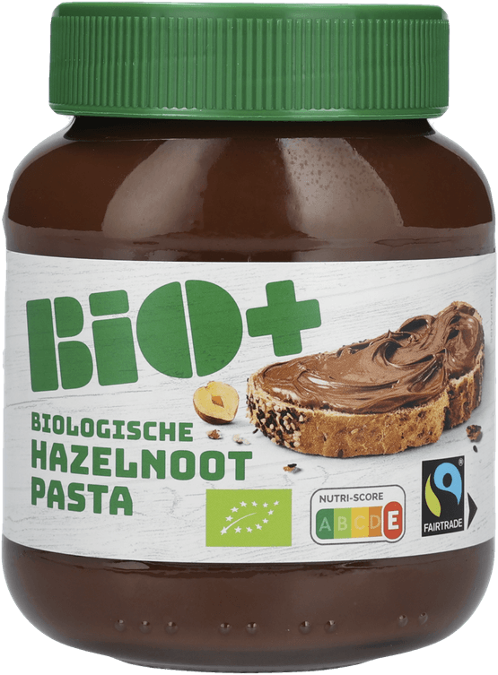 Foto van Bio+ Hazelnootpasta op witte achtergrond