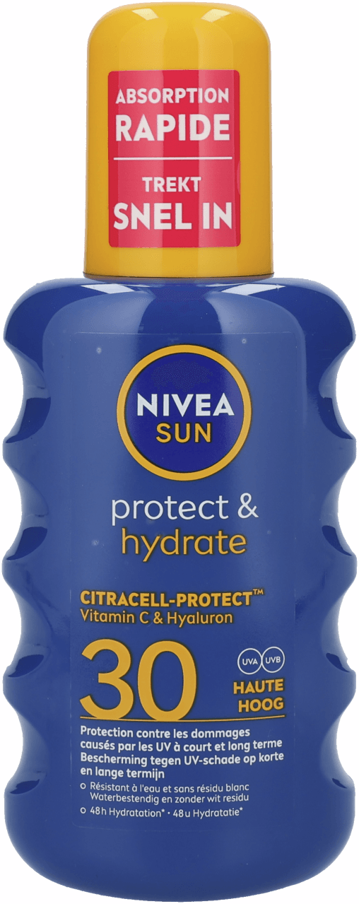Foto van Nivea Zonbescherming spray protect & hydrage spf 30 op witte achtergrond