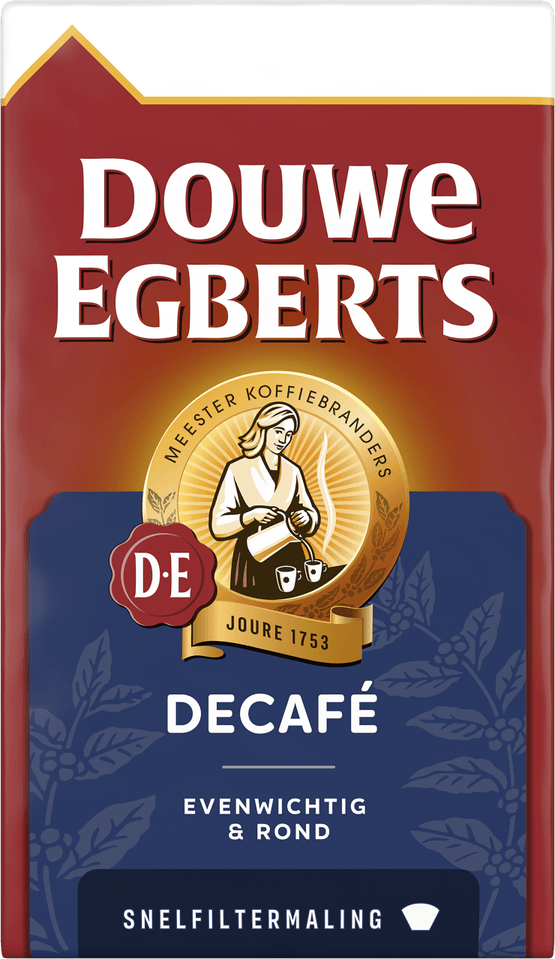 Foto van Douwe Egberts Décafé filterkoffie op witte achtergrond