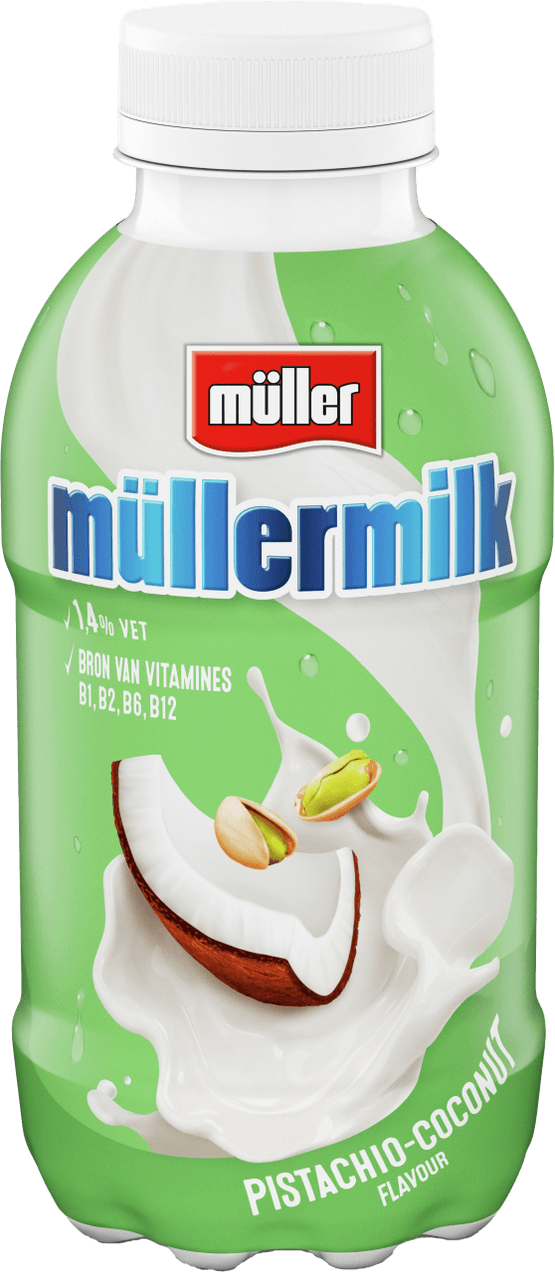 Foto van Müllermilk pistache kokosnoot op witte achtergrond