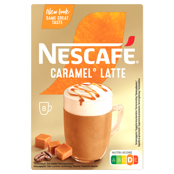 Foto van Nescafé Oploskoffie caramel latte 8 koppen op witte achtergrond