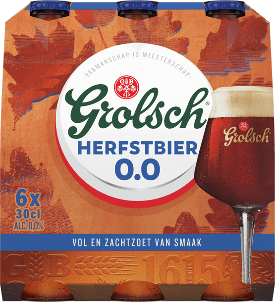 Foto van Grolsch Herfstbier 0.0% op witte achtergrond
