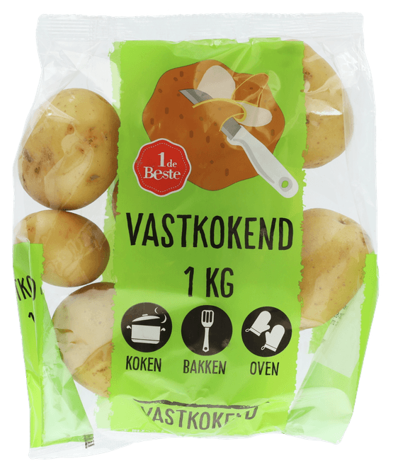 Foto van 1 de Beste Aardappelen vastkokend op witte achtergrond