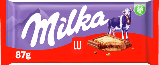 Foto van Milka Chocolade biscuit tablet lu op witte achtergrond