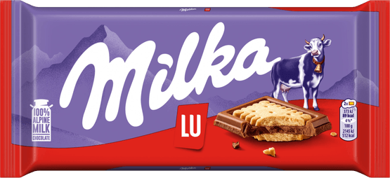 Foto van Milka Chocolade biscuit tablet lu op witte achtergrond