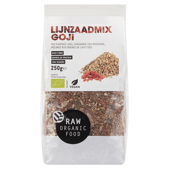 Foto van Raw Organic Food Lijnzaadmix goji op witte achtergrond