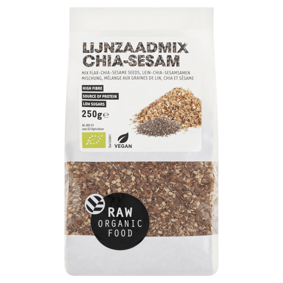 Foto van RAW Organic Food Lijnzaadmix chia sesam op witte achtergrond