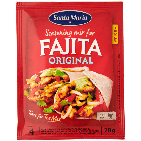 Foto van Santa Maria Fajita seasoningmix op witte achtergrond