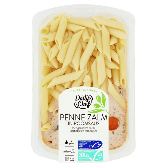 Foto van Daily Chef Penne gerookte zalm op witte achtergrond