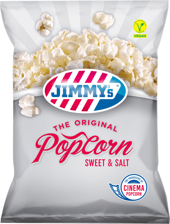 Foto van Jimmy's Original popcorn zoet & zout op witte achtergrond