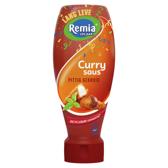 Foto van Remia Curry saus pittig gekruid op witte achtergrond