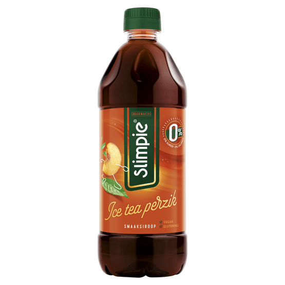 Foto van Slimpie Limonadesiroop ice tea peach 0% op witte achtergrond