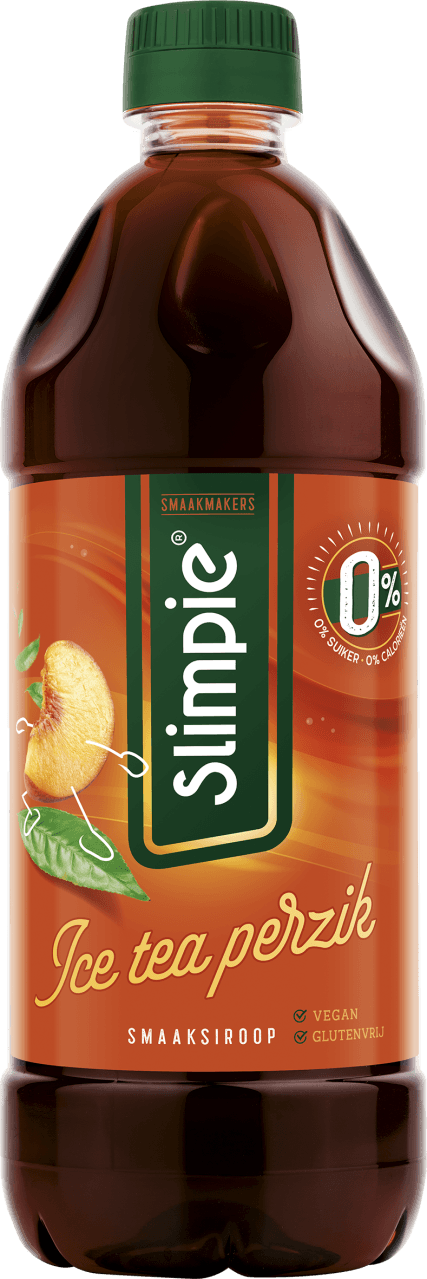 Foto van Slimpie Limonadesiroop ice tea peach 0% op witte achtergrond