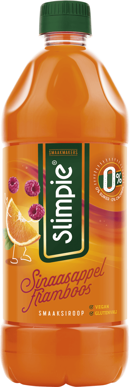 Foto van Slimpie Limonadesiroop sinaasappel-framboos op witte achtergrond