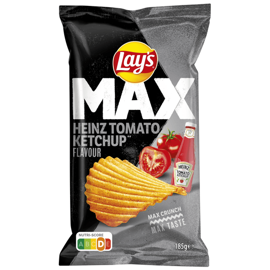 Foto van Lay's Ribbelchips max heinz tomato ketchup op witte achtergrond