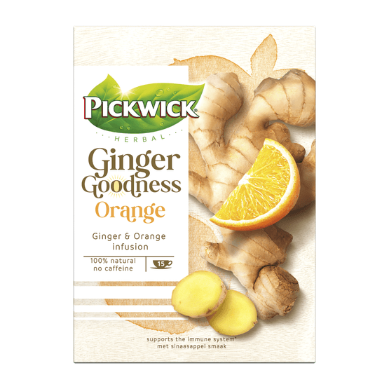 Foto van Pickwick Thee ginger goodness orange 15 zk. op witte achtergrond