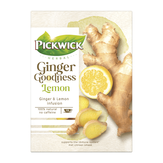 Foto van Pickwick Thee ginger goodness lemon 15 zk op witte achtergrond