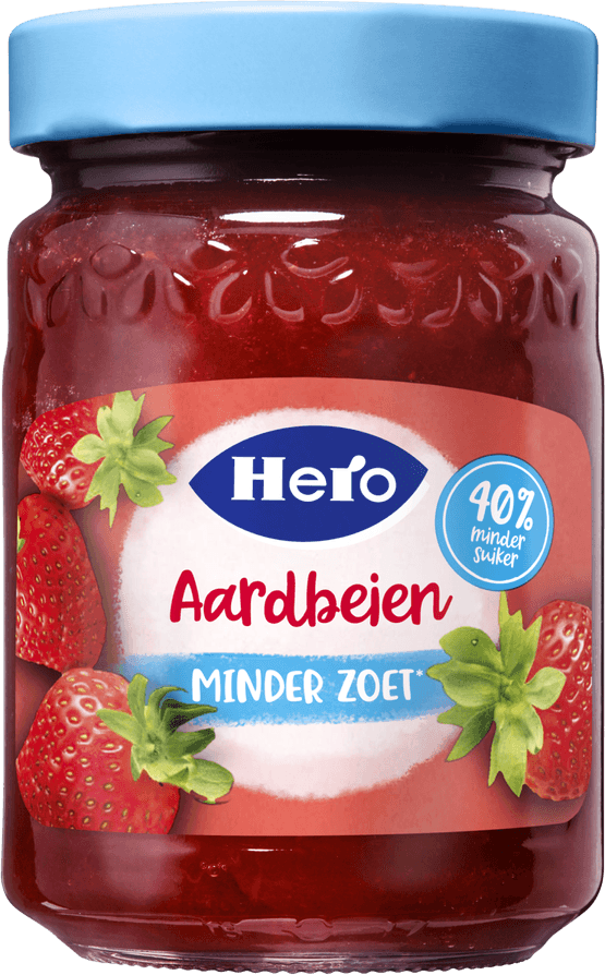 Foto van Hero Jam 40% minder zoet aardbei op witte achtergrond