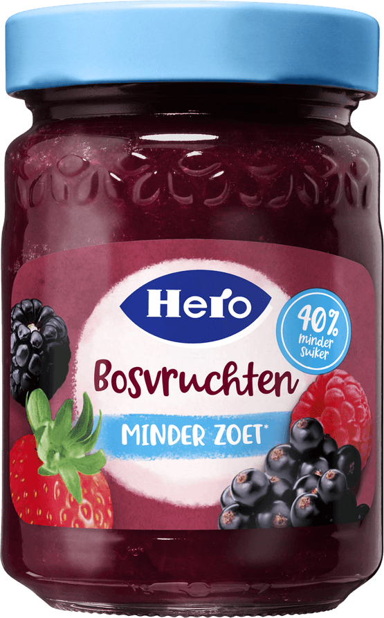 Foto van Hero Jam 40% minder zoet bosvruchten op witte achtergrond