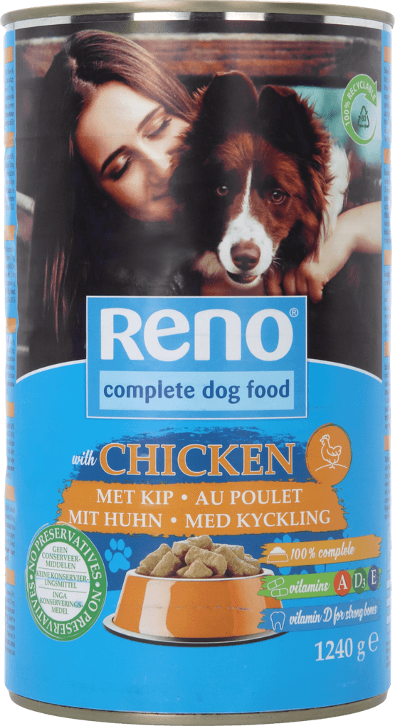 Foto van Reno Hondenvoer kip-groenten in saus op witte achtergrond