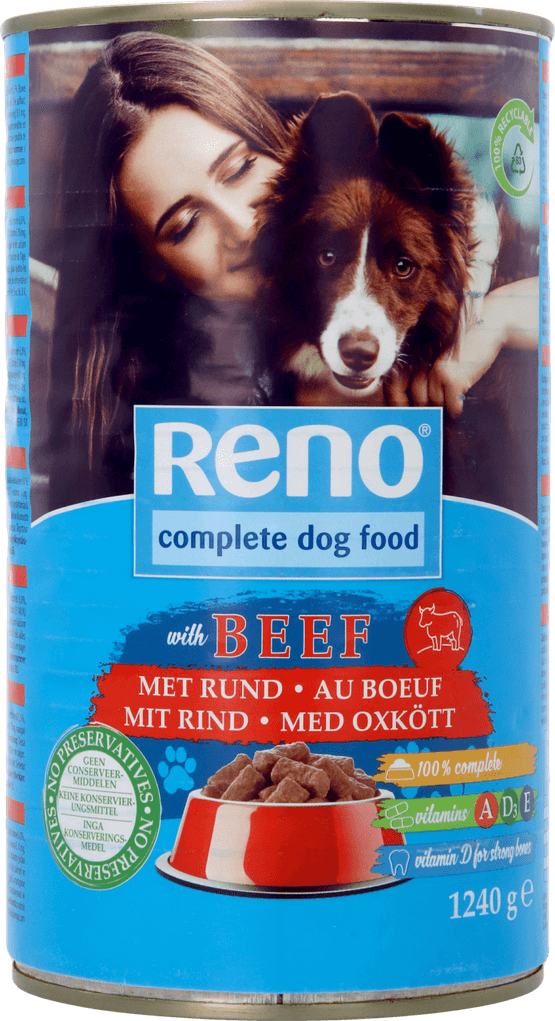 Foto van Reno Hondenvoer rund-gevogeltepasta in saus op witte achtergrond