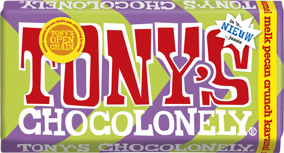 Foto van Tony's Chocolonely Chocolonely melk pecan crunch karamel op witte achtergrond