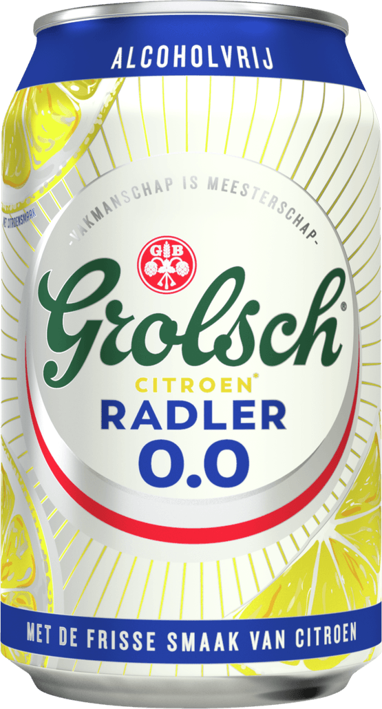 Foto van Grolsch Radler alcoholvrij citroen op witte achtergrond