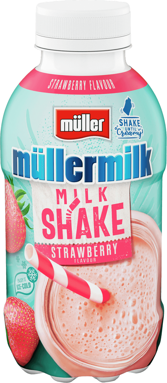 Foto van Müllermilk Milkshake aardbei op witte achtergrond