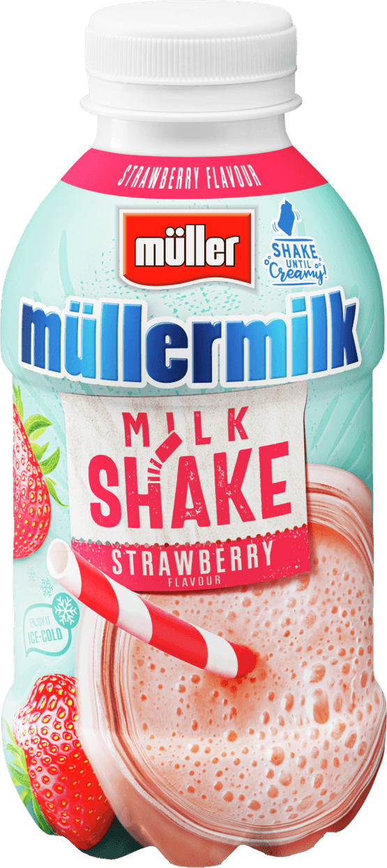 Foto van Müllermilk Milkshake aardbei op witte achtergrond