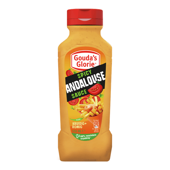 Foto van Gouda's Glorie andalouse saus op witte achtergrond