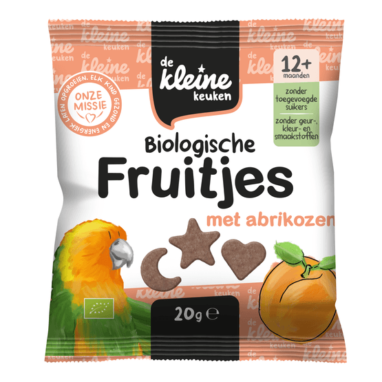Foto van De Kleine Keuken Bio fruitjes met abrikozen op witte achtergrond