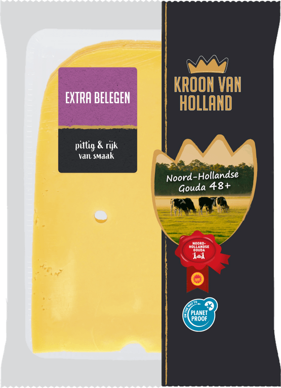 Foto van Kroon van Holland Extra belegen kaas 48+ plakken op witte achtergrond