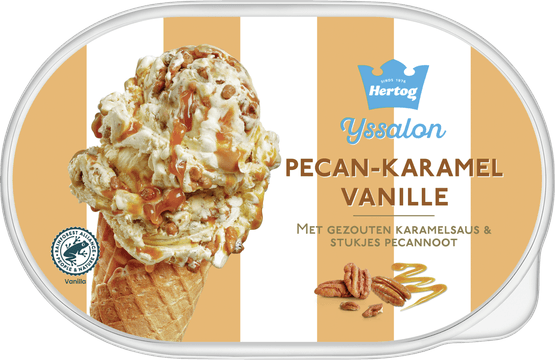Foto van Hertog Ijs pecan karamel vanille op witte achtergrond