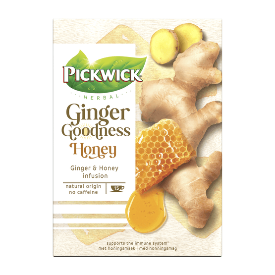 Foto van Pickwick Ginger goodness honey kop 15 zk op witte achtergrond