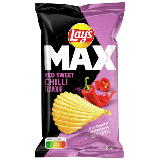 Foto van Lay's Ribbelchips max red sweet chilli op witte achtergrond