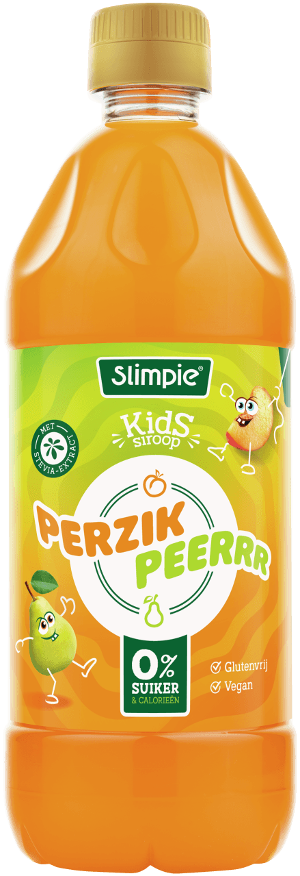 Foto van Slimpie Kids limonadesiroop perzik peer op witte achtergrond