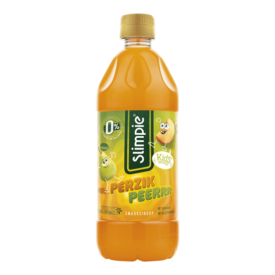 Foto van Slimpie Kids limonadesiroop perzik peer op witte achtergrond