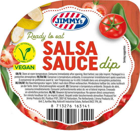 Foto van Jimmy's Salsa sauce op witte achtergrond
