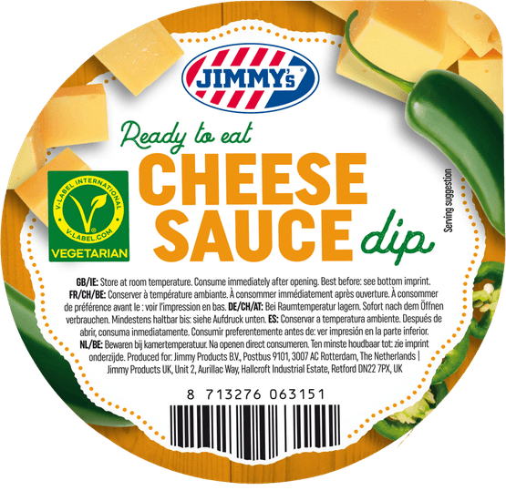 Foto van Jimmy's Cheese sauce op witte achtergrond