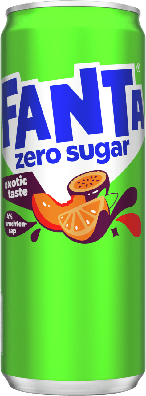 Foto van Fanta Exotic zero sugar op witte achtergrond