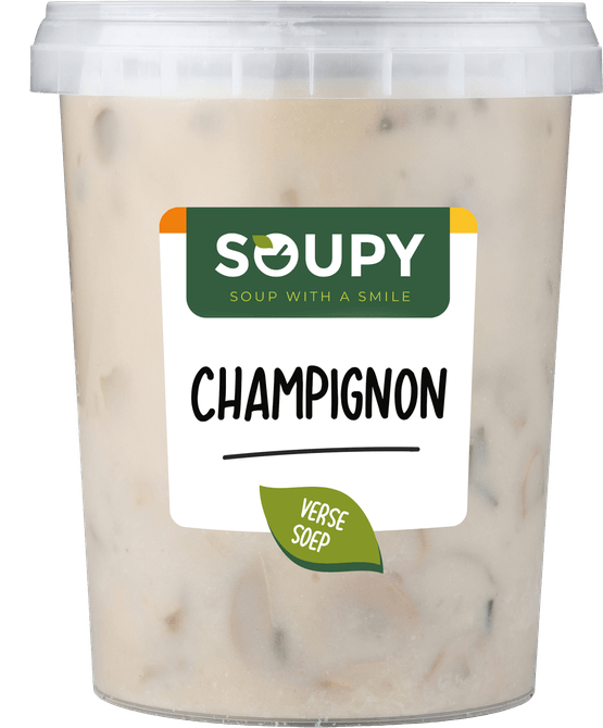 Foto van Soupy Champignonsoep vers op witte achtergrond
