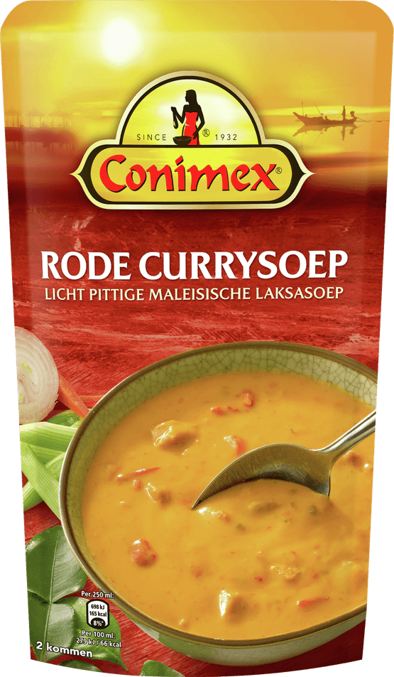 Foto van Conimex Rode currysoep op witte achtergrond