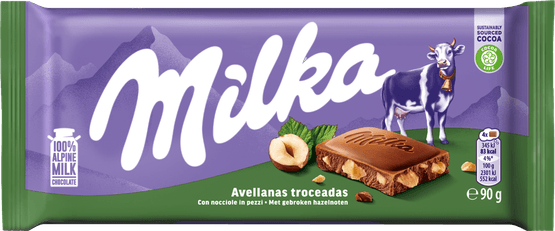 Foto van Milka Chocoladereep gebroken hazelnoten op witte achtergrond
