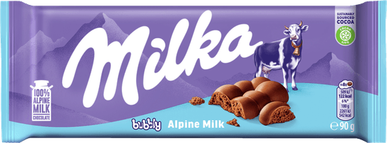 Foto van Milka Chocoladereep bubbly op witte achtergrond
