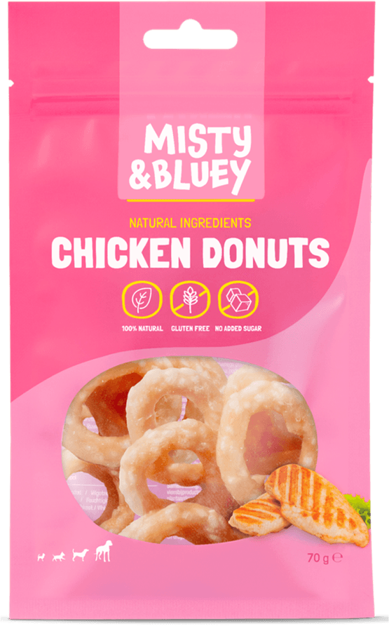 Foto van Misty & Bluey Hondensnacks chicken donuts op witte achtergrond