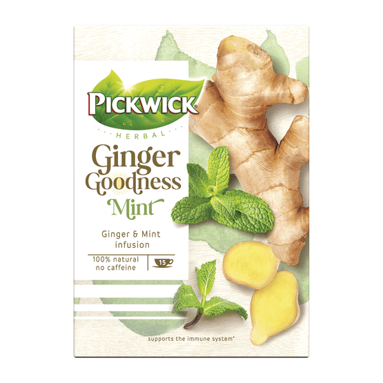 Foto van Pickwick Ginger goodness thee mint 15 zakjes op witte achtergrond