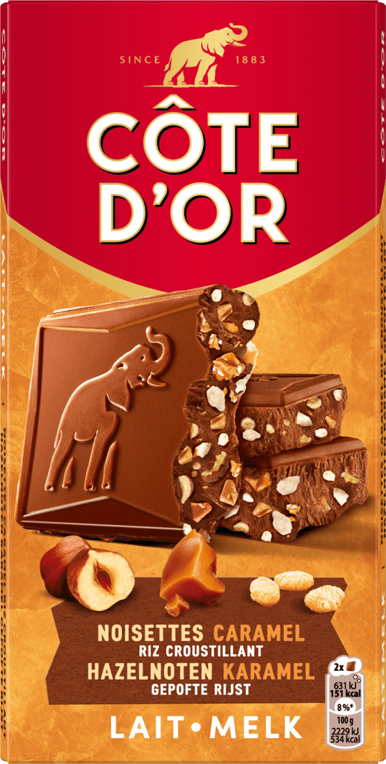 Foto van Côte d'Or Chocoladereep hazelnoot karamel op witte achtergrond