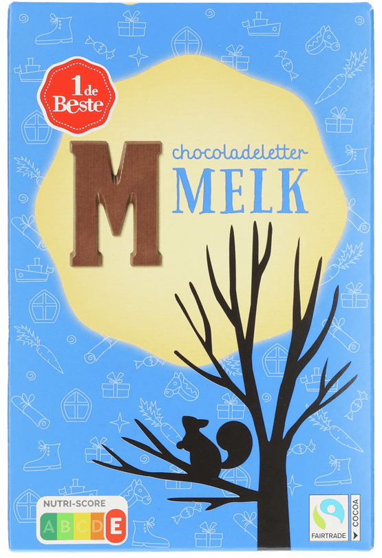 Foto van 1 de Beste Chocoladeletter m melk op witte achtergrond