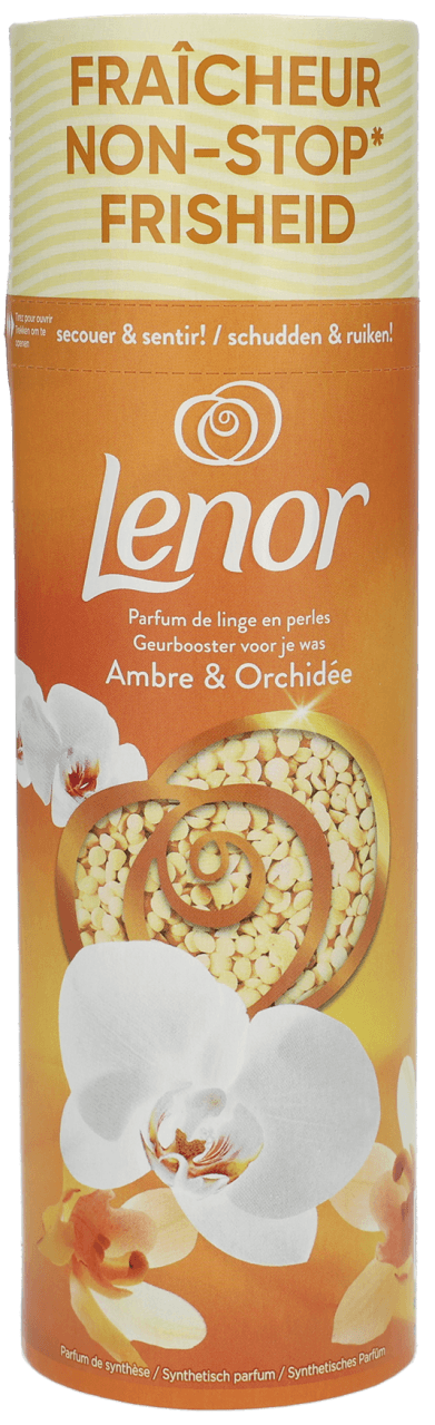 Foto van Lenor Geurparels amber en orchidee op witte achtergrond