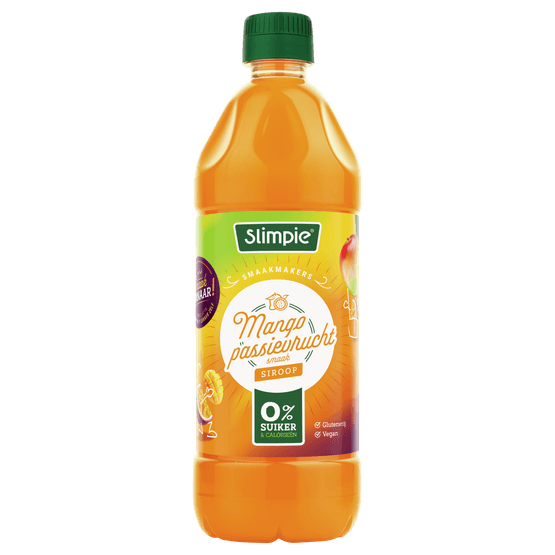 Foto van Slimpie Limonadesiroop mango-passievrucht 0% op witte achtergrond